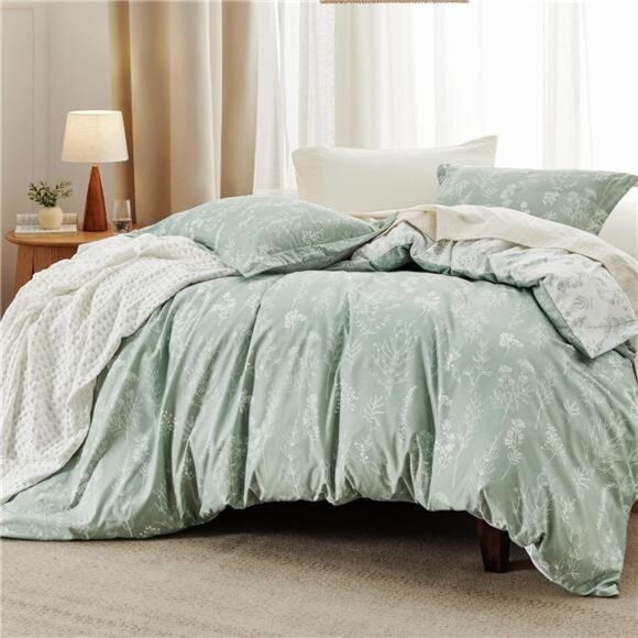 Bedsure Queen Comforter Set - Sage Green Bed Set, 3 Pieces Cute Floral Bedding - Picture 2 of 7